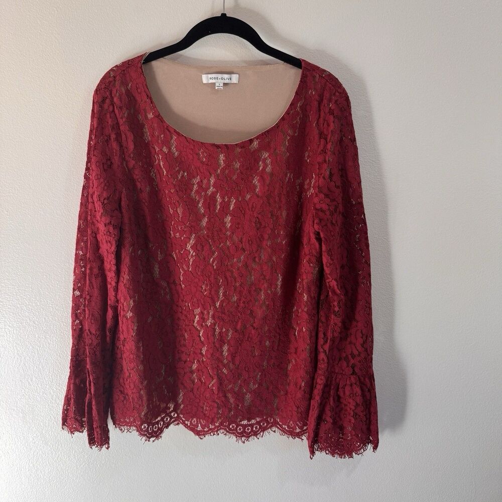 Rose + Olive Shirt Blouse L Red Lace Sheer Nude Bell Sleeve Holiday Christmas